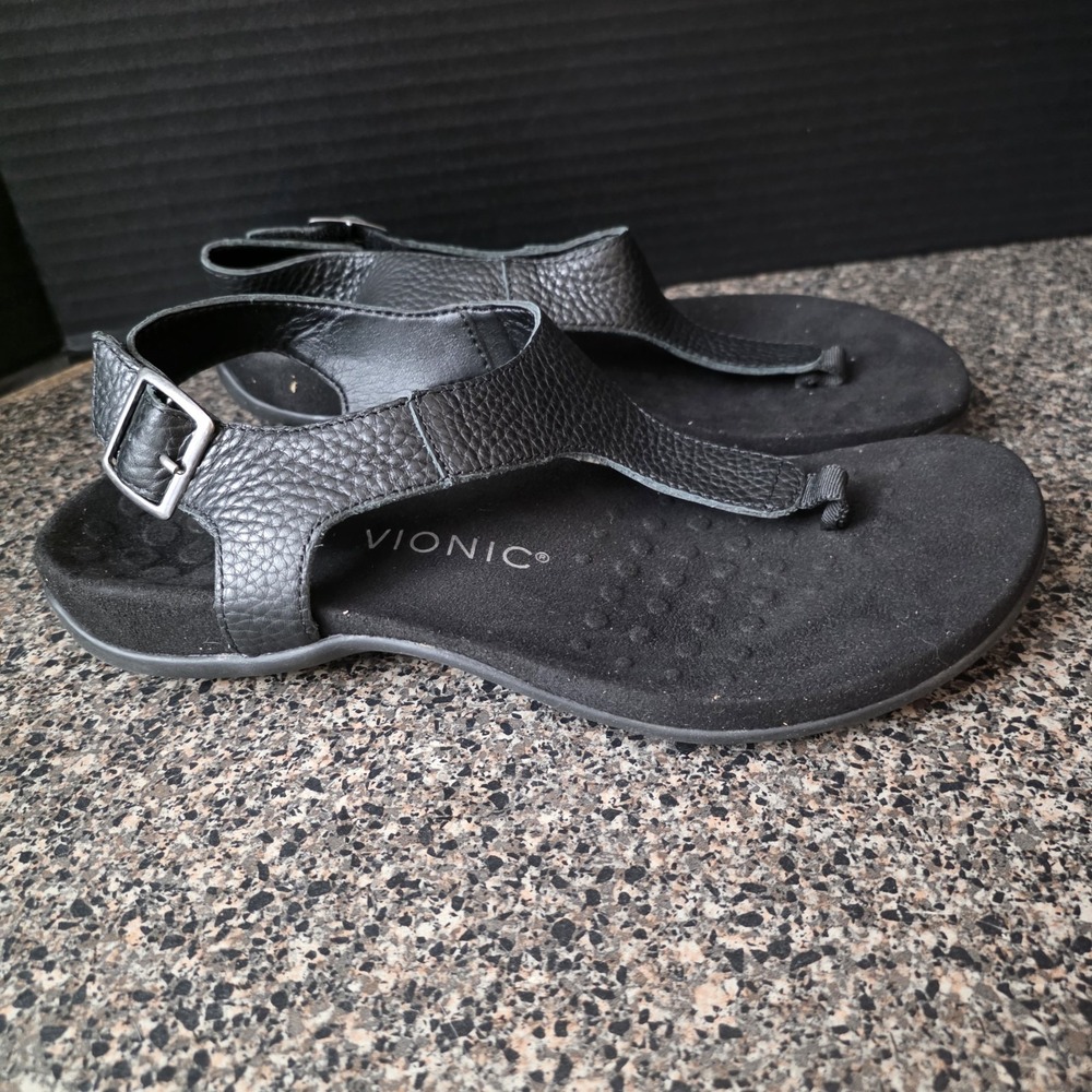 Vionic Terra Sandals Women Size 9 Black Leather Toe Post Orthotic Comfort - Picture 4 of 10